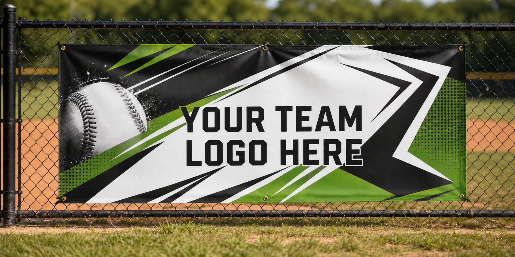 Custom sports banner displayed on a fence