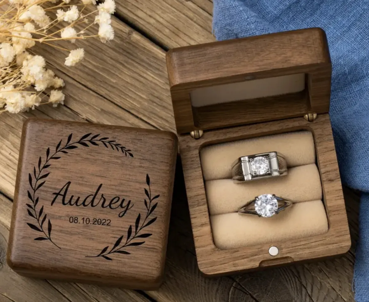 Custom engraved wooden wedding ring box